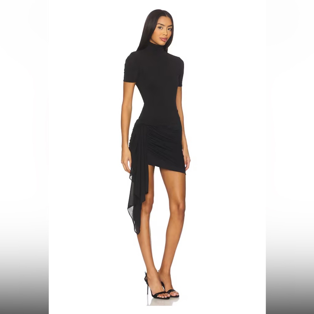 Ronny Kobo Collection Black Short Sleeve Turtleneck Ruched Mini Dress M - Picture 2 of 3